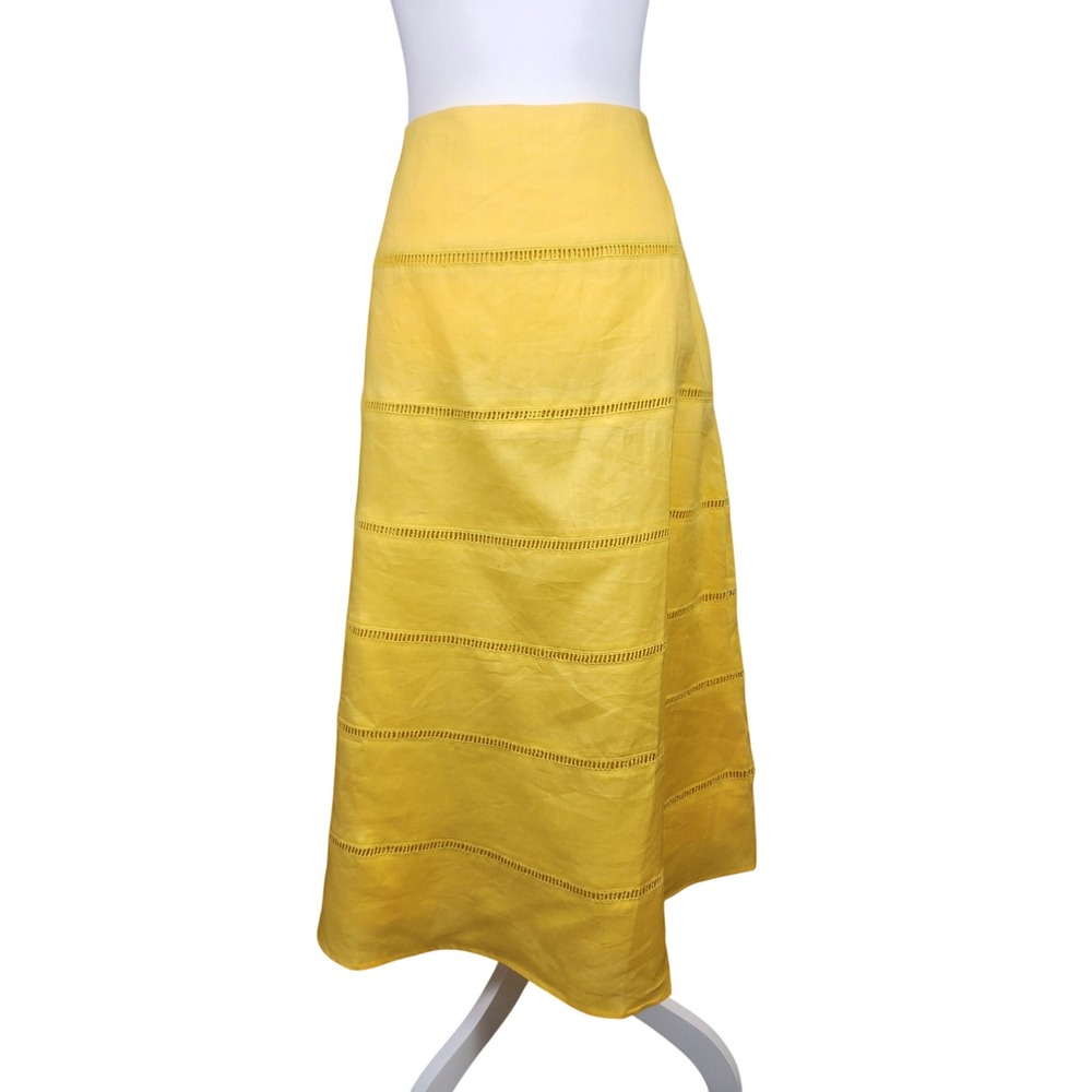 Lino USA Linen A-Line Midi Skirt Womens Large Yellow Ladder Lace Casual Summer